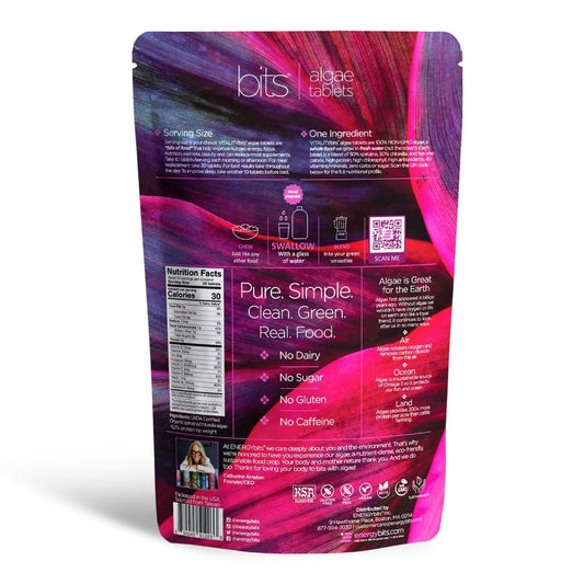 Large bag of ENERGYbits VITALITYbits Spirulina and Chlorella superfood supplement in resealable packaging.