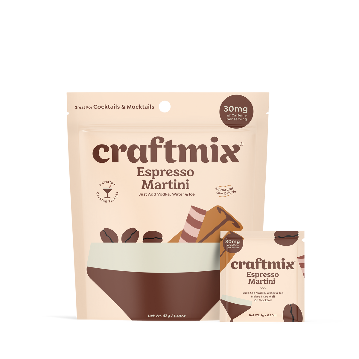 Six Craftmix Espresso Martini cocktail sachets arranged in a pack, ready to make a rich, coffee-flavored cocktail.