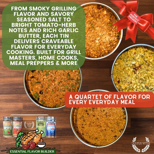 Gustus Vitae Essential Flavor Builder all-purpose seasonings gift set with four jars arranged on a wooden surface.