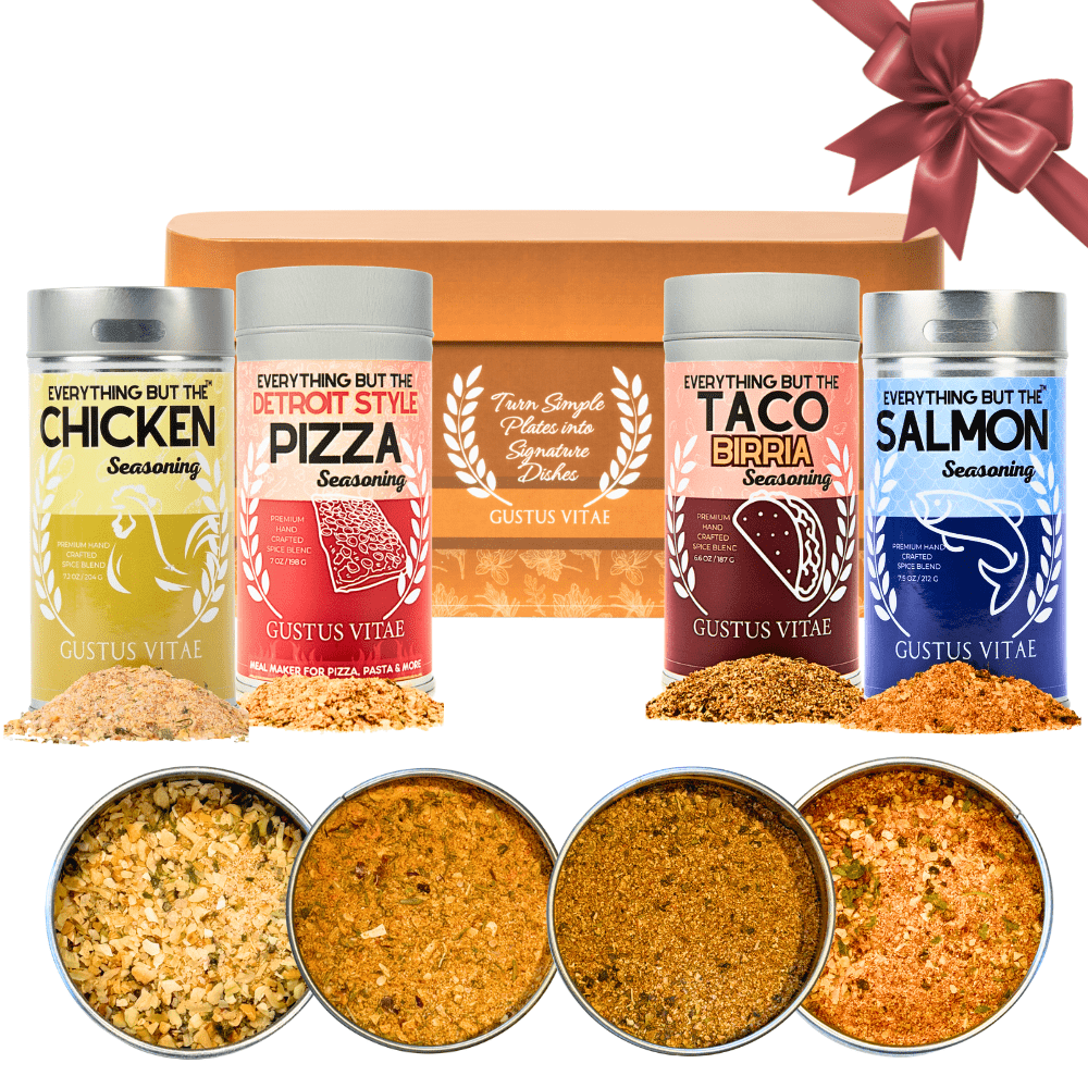 Gustus Vitae Made for Everything weeknight dinner seasonings gift set with four collection bottles, perfect for quick meals.