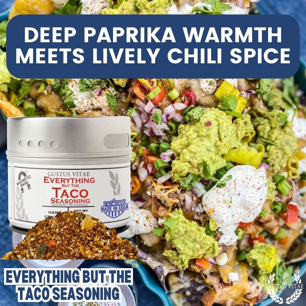 Gustus Vitae Everything But The Taco Seasoning in a jar, gourmet seasoning blend for flavorful taco and Mexican dishes.