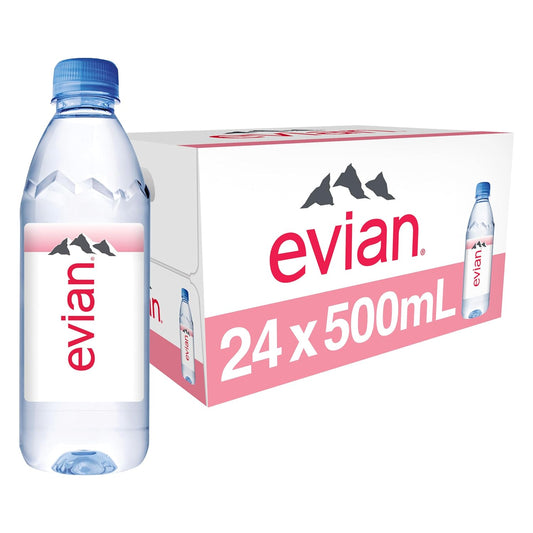 Pack of 24 evian Natural Spring Water bottles, 16.9 fl oz each, showing clear bottles with evian branding and water inside.
