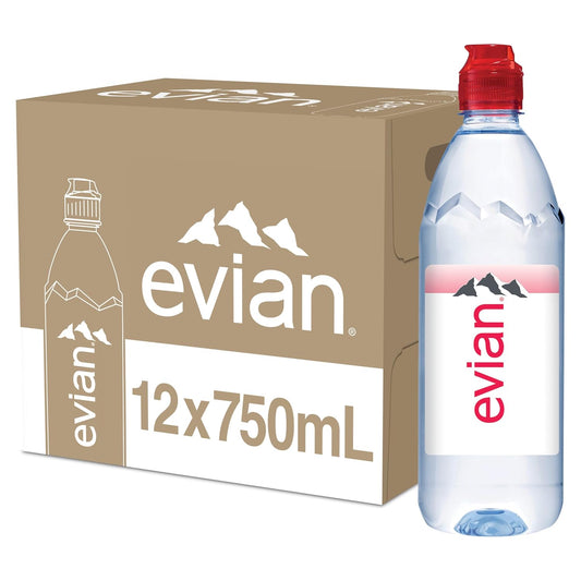 12-pack of Evian natural spring water bottles, 1 liter each, with clear labels and transparent bottles showing water inside.