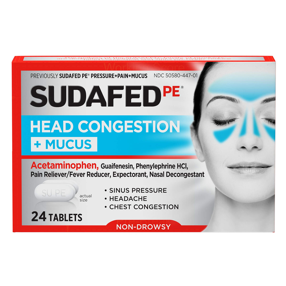 Sudafed PE Sinus & Mucus Relief Tablets in a 24-count package, showing the box with tablets inside.