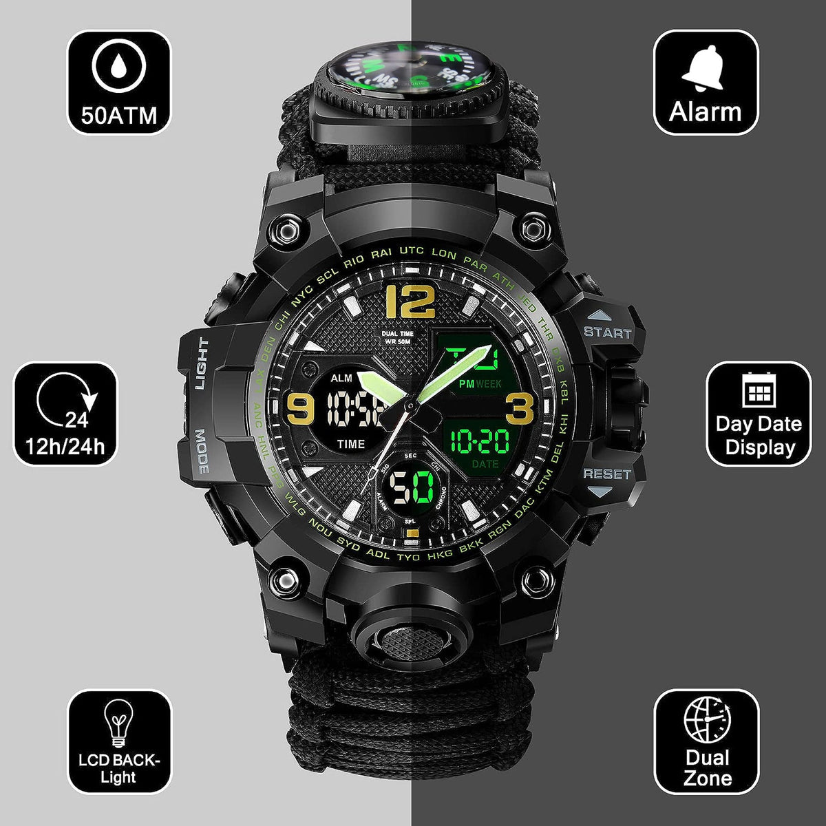 Waterproof dual display electronic tactical watch with rugged black design and digital time display