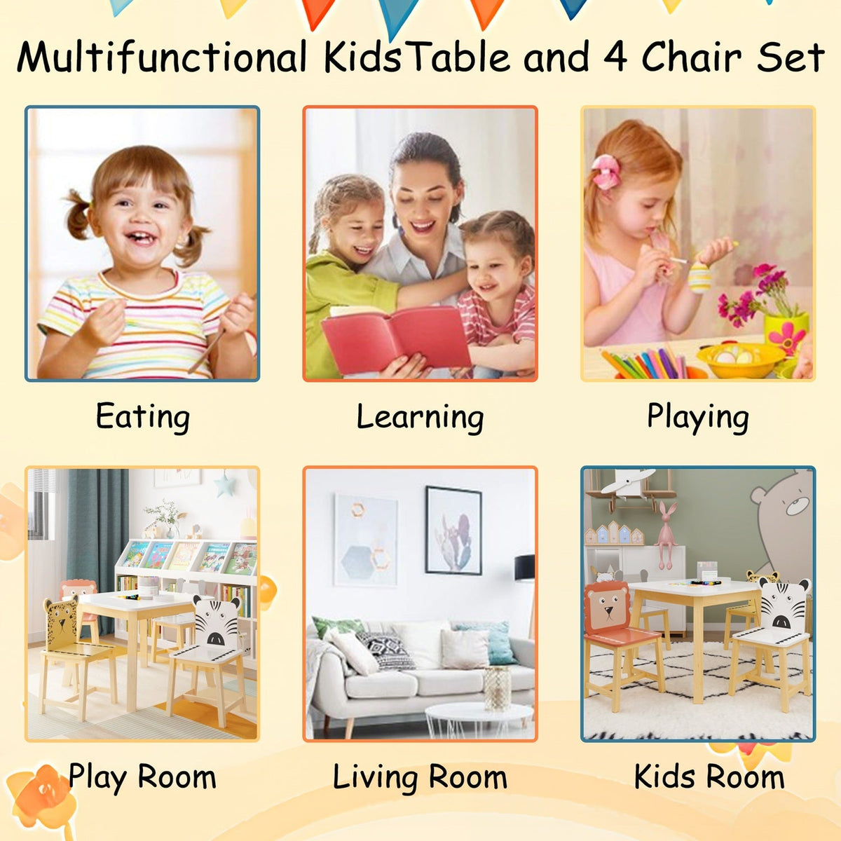Kids furniture set featuring a 5-piece GBruno Store kids table and chairs with colorful animal design illustrations.
