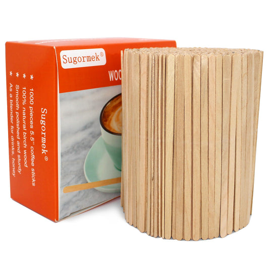 Sugormek 1000-pack wooden coffee stirrers, 5.5 inches, with smooth rounded edges for coffee, cocktails, and DIY craft projects.