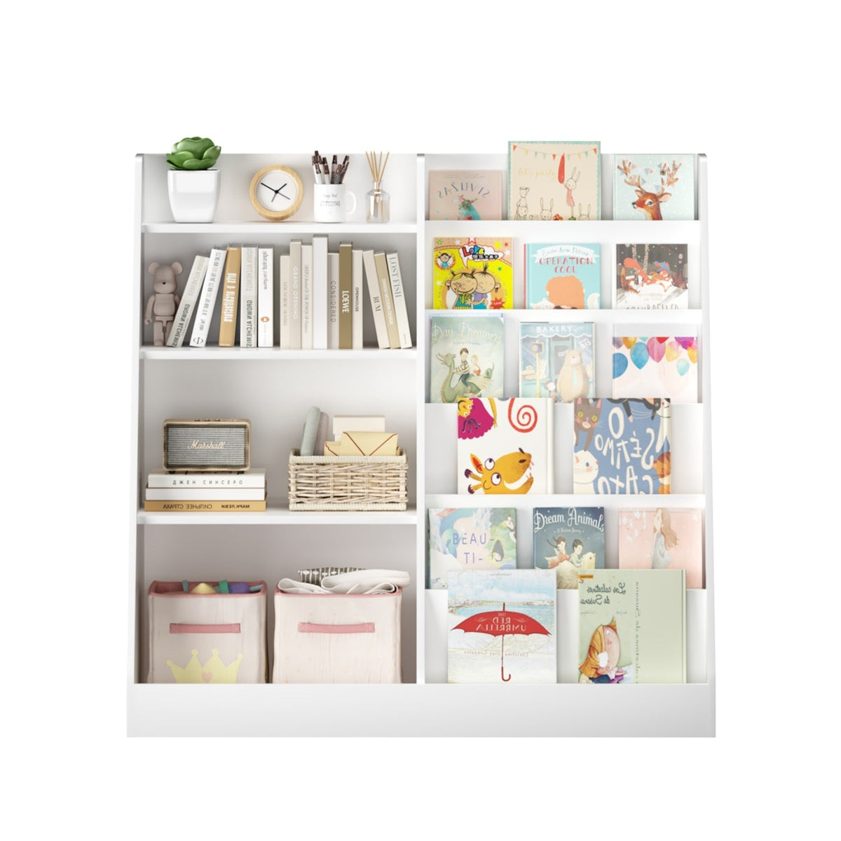 Kids wooden bookshelf with toy storage organizer featuring multiple shelves and compartments for children's books and toys.