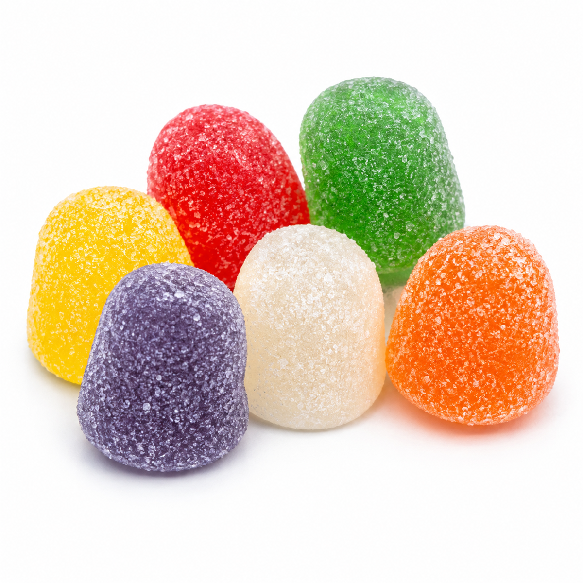 Assorted Sunrise Spice Drops gummy candies from Candy In Bulk in a clear plastic bag, colorful and chewy spice-flavored gummies.