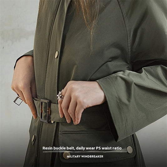 Retro olive green mid-length loose trench coat for women