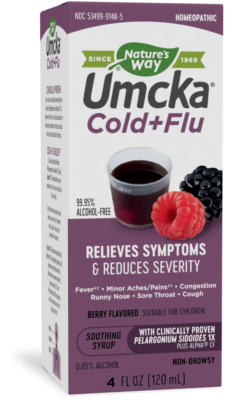 BackupMyFilesNow Umcka Berry Flu Relief Syrup 4oz bottle with label and cap, designed for soothing flu symptoms naturally.