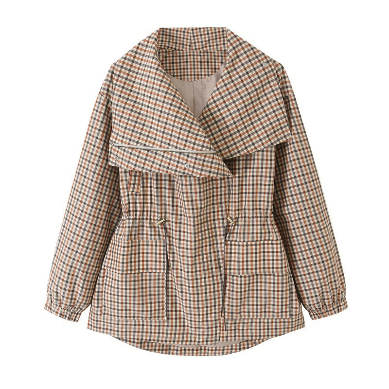 Women's autumn plaid trench coat with turn-down collar and drawstring waist, front view