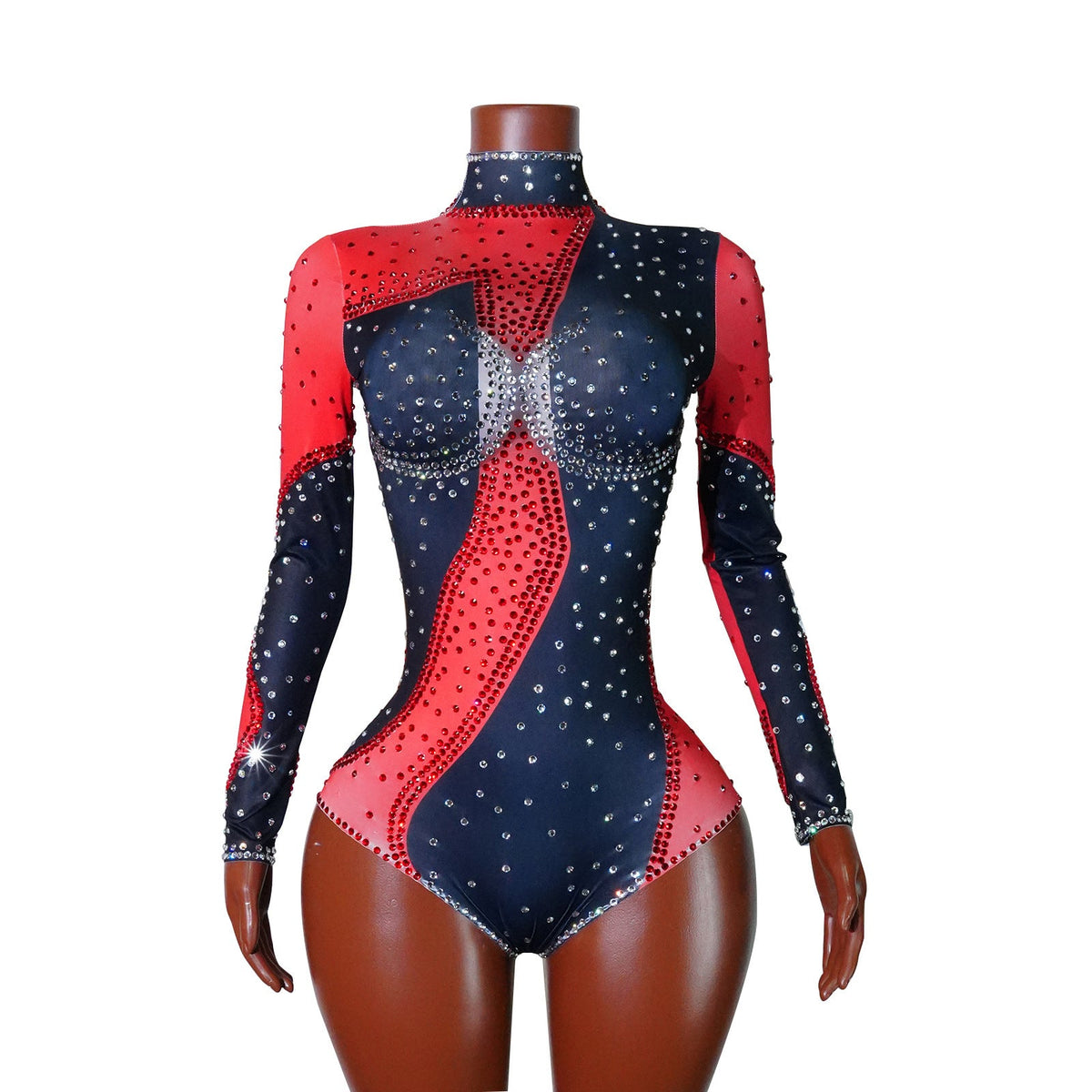 Women's rhinestone mesh patchwork jumpsuit with sparkling embellishments and sheer panel details