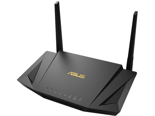 ASUS RT-AX56U AX1800 Dual Band WiFi 6 router with USB port, extendable mesh, parental controls, VPN, and network security features.