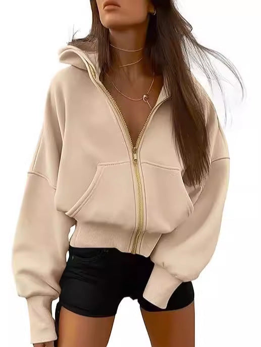 Women's plush hoodie with zipper, hood, long sleeves, and short casual sportswear design