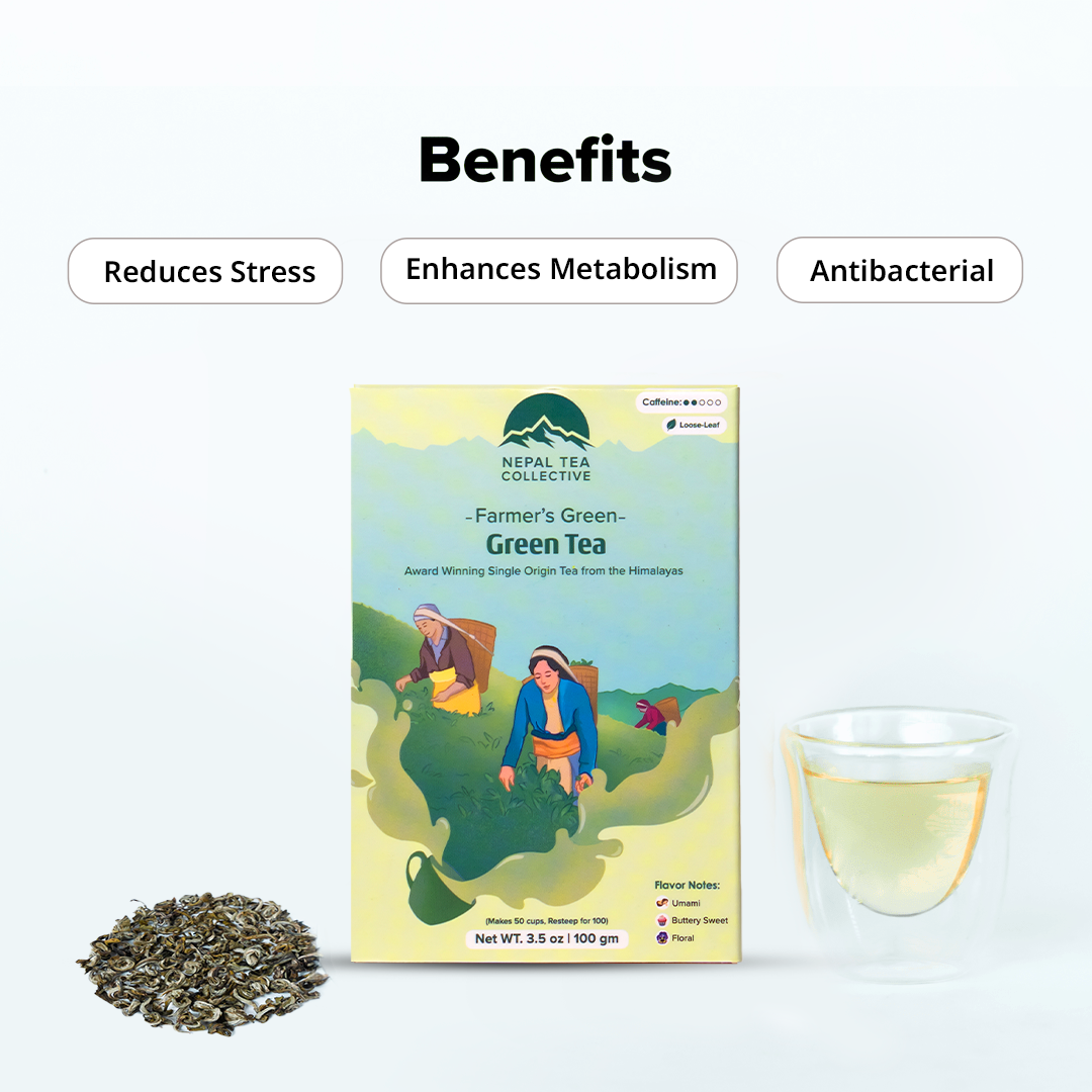 Organic Farmers' Green Tea from Nepal Tea, fresh green tea leaves with a natural, vibrant appearance.