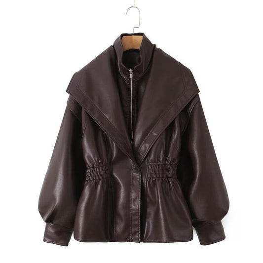 Womens loose leather jacket with turn-down collar, front view