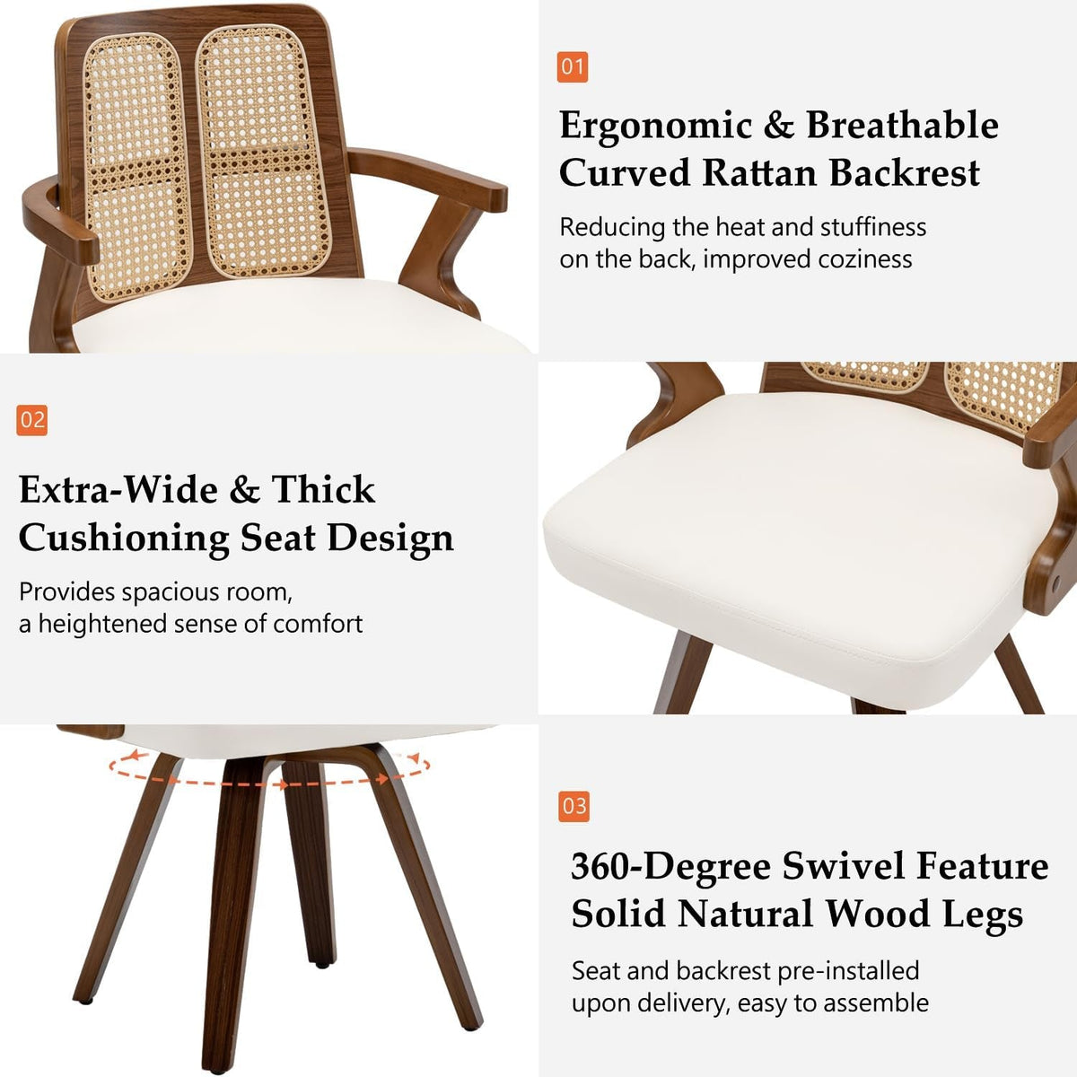 Walnut Swivel Rattan Chairs Ergonomic Curved Armrests Set Of Two