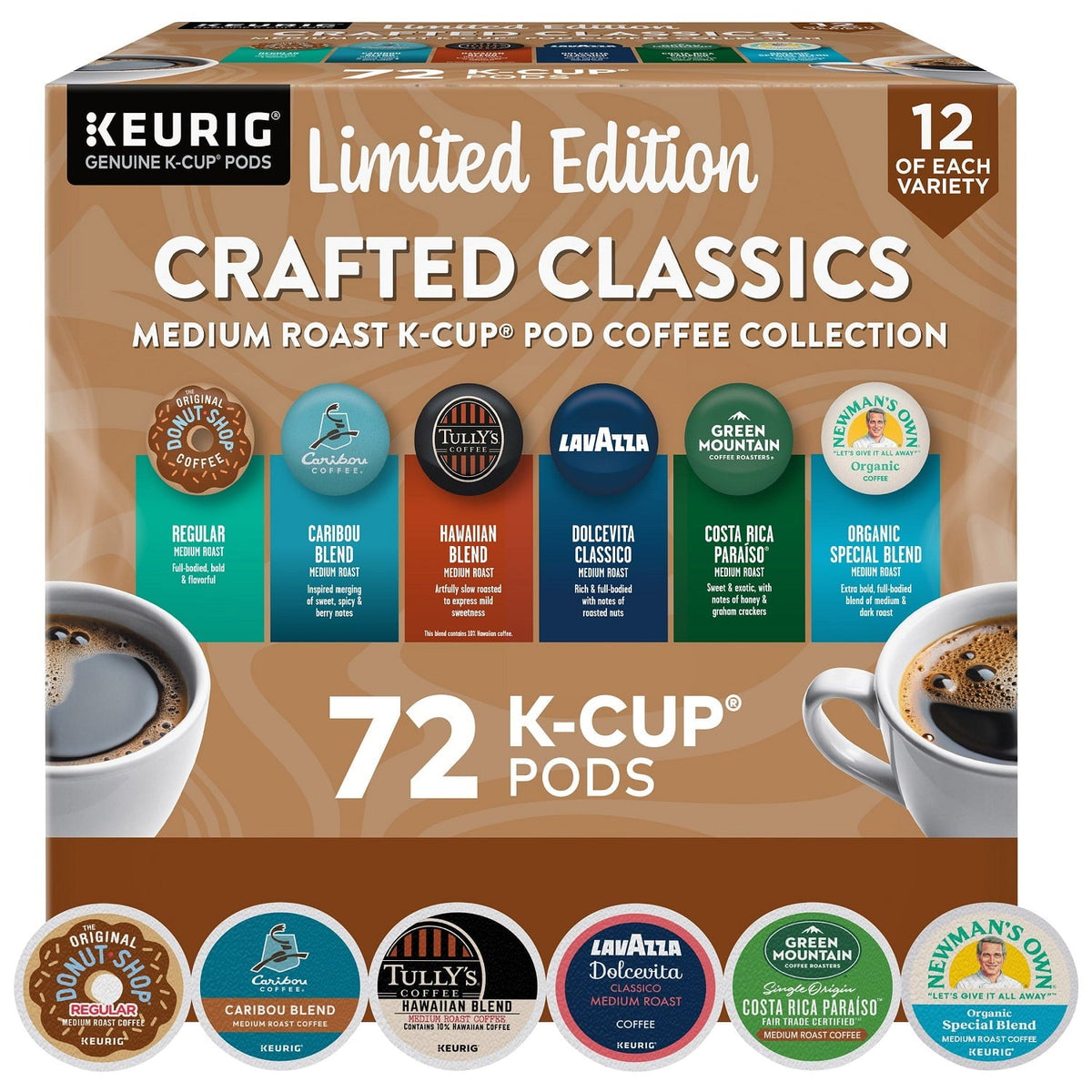 KupofK Coffee Keurig Crafted Classics Variety Pack K-Cup Pods, 72 count, featuring assorted coffee pods for Keurig brewers.
