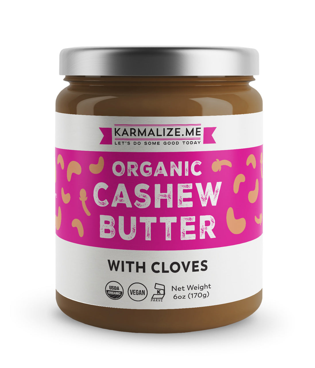 Creamy organic vegan cashew butter with cloves from Karmalize.Me, showcasing a jar of freshly made nut butter with visible cloves.