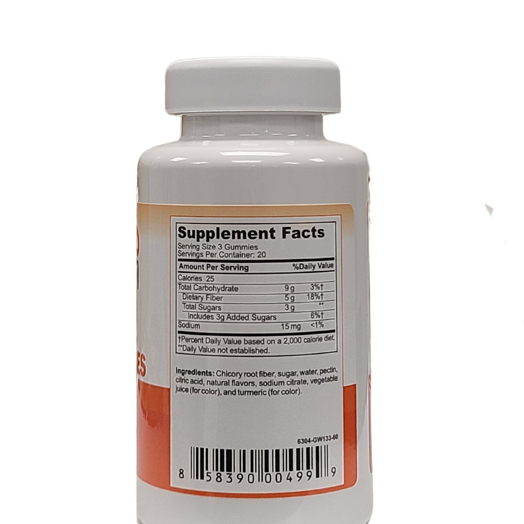 AmBari Nutrition Fiber Gummies supplements with detailed nutrition facts on the label, showing fruit-flavored gummy vitamins.