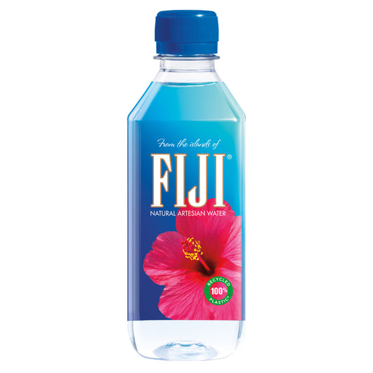 Fiji Natural Artesian Water bottles, 11.15 fl oz each, 24-pack, showing clear bottles with Fiji branding and blue caps.
