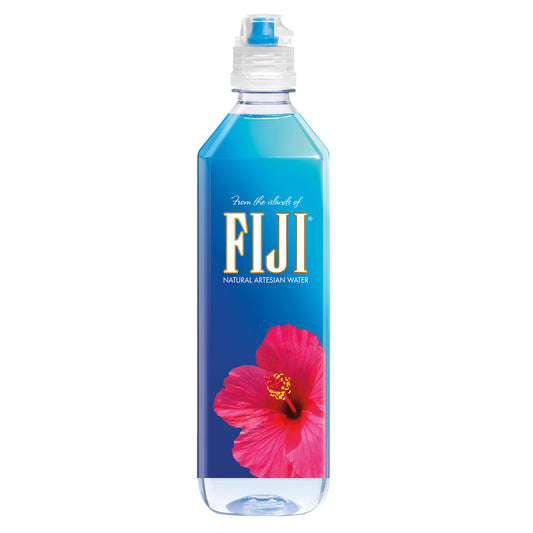 Fiji Natural Artesian Water 23.7 fl oz bottles, 12-pack, with clear labels and blue caps, arranged in a group.