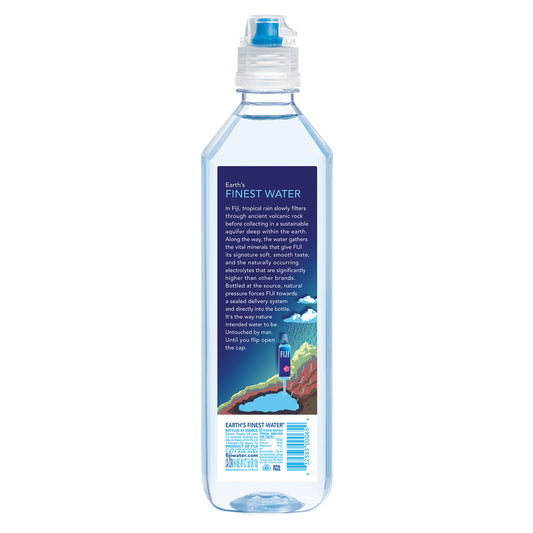 Fiji Natural Artesian Water bottles, 23.7 fl oz, 12-pack, with clear labels and Fiji logo on the caps