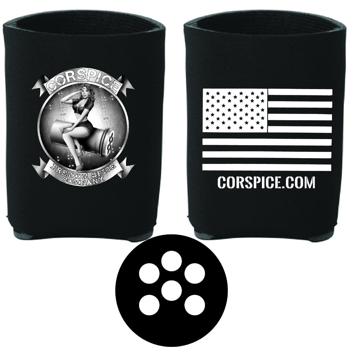 Corspice Logo Koozie holding a beverage can, made of insulated material, featuring the Corspice brand logo for keeping drinks cold.