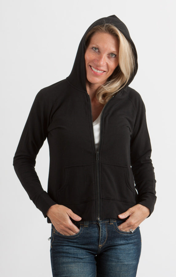 Black women's bamboo fleece hoodie by Spun Bamboo, soft and cozy casual outerwear with long sleeves and a hood.