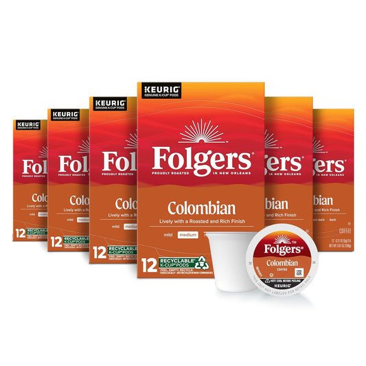 Six packs of Folgers Breakfast Blend Coffee Keurig K-Cup pods, mild roast, 10 pods per pack, suitable for coffee makers.
