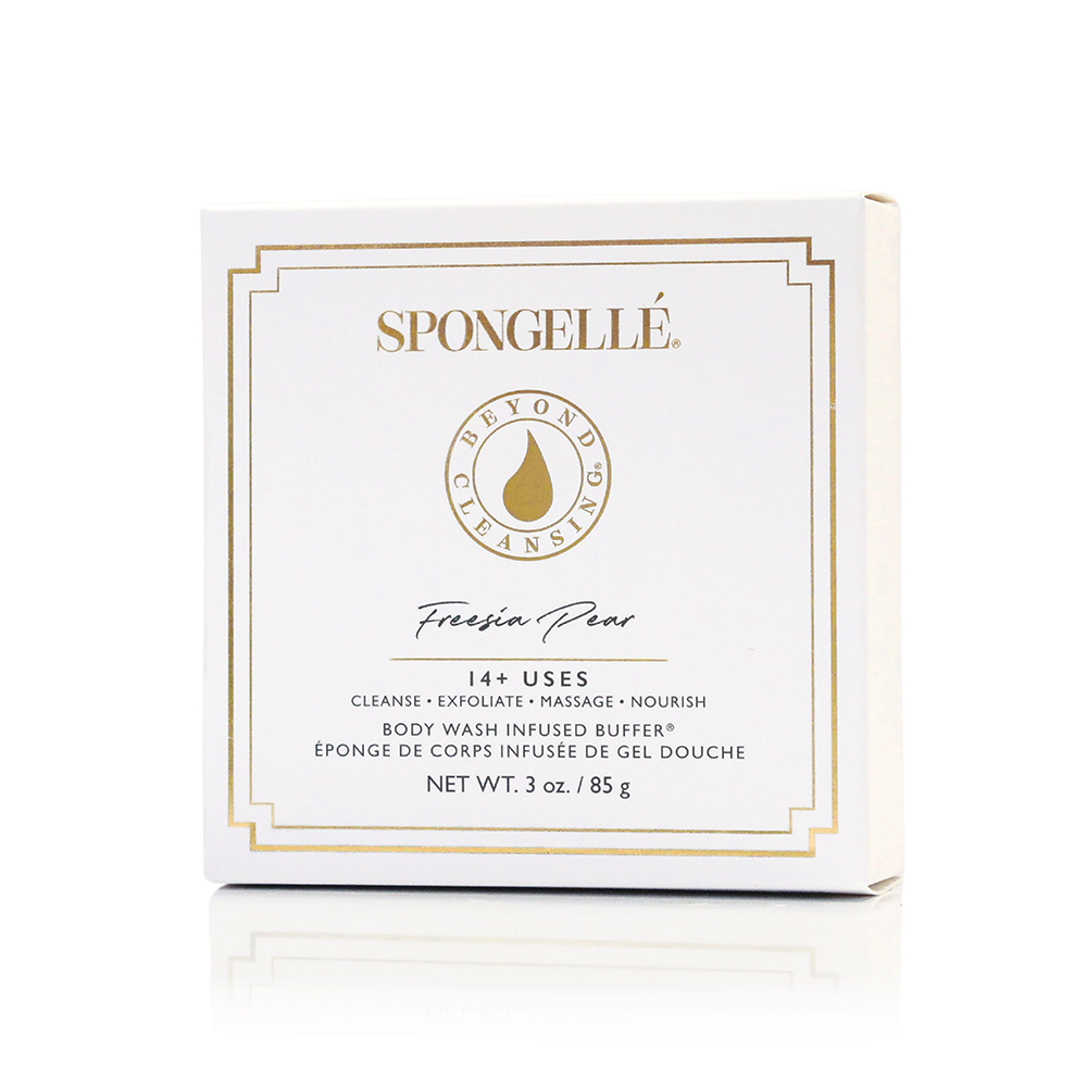 Freesia Pear vegan-friendly body wash infused buffer by Spongellé, showing a close-up of the fragrant floral-scented buffer.