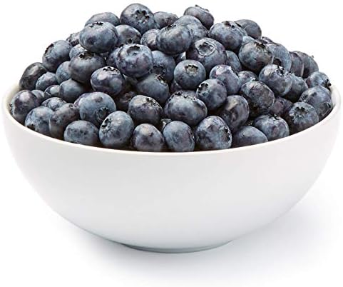 Fresh organic blueberries in an 18 oz container, showing ripe blue berries with green stems and natural bloom.