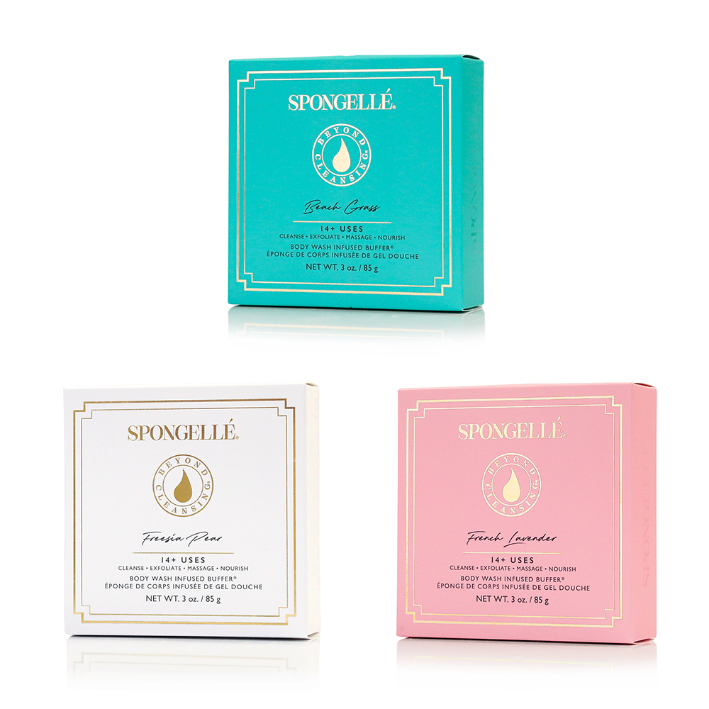 Spongellé Fresh Boxed Flower Set body wash infused buffer with three colorful floral-scented sponges.