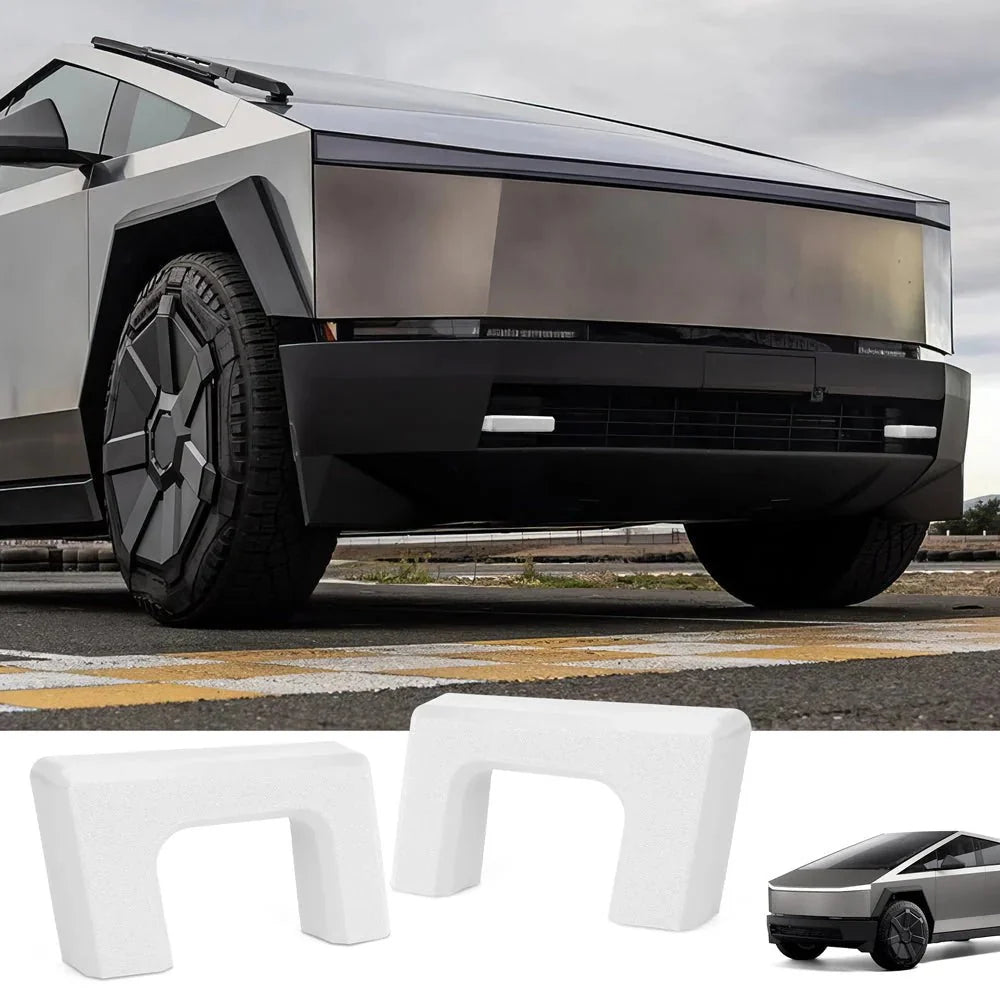 Pair of Tesery Official Tesla Cybertruck front tow hook covers, 2-piece set with black plastic design for easy installation.