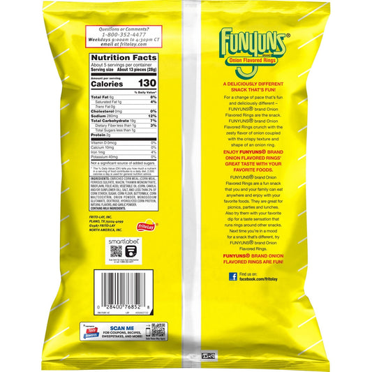 Bag of Funyuns onion flavored rings snacks, 5.25 oz, showing crispy, seasoned onion-flavored snack chips from Funyuns.
