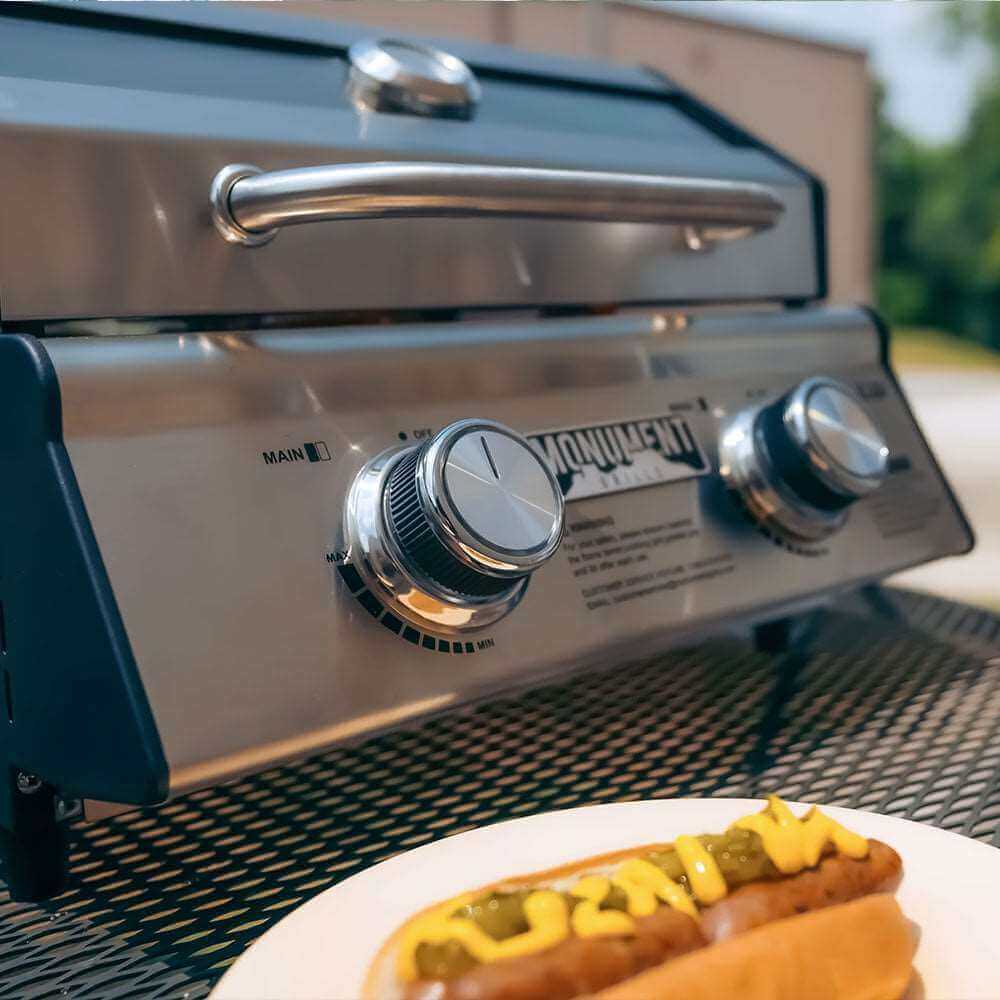 Stainless G22 Monument Grills tabletop propane gas grill with compact design and multiple burners for outdoor cooking.