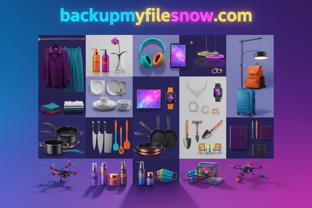 generate a very beautiful colorful set of images that shows product images for apparel, sanitizers, housewares, tech shop, jewelry, kitchen, lighting, luggage, office, patio and garden, personal care, Face Masks, toy and Games. Please include my brand name: backupmyfilesnow.com with very bold color or highlights