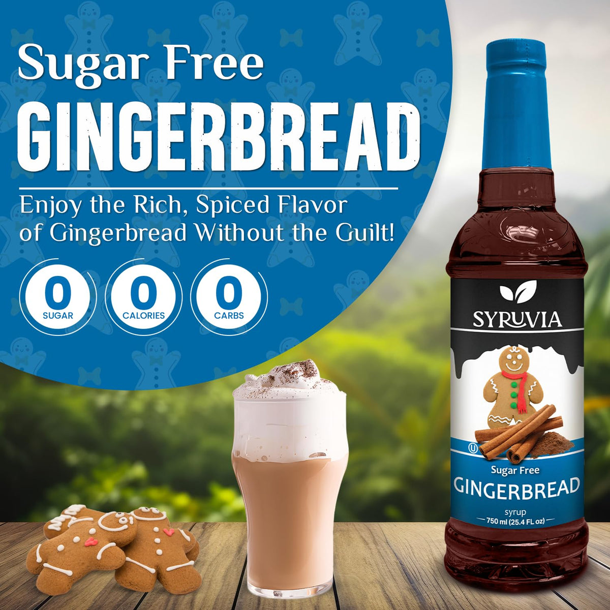Bottle of Syruvia sugar-free gingerbread syrup showing the product label and caramel-colored syrup inside the clear glass bottle