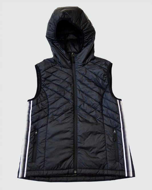 Black Goal Five Powerstripe eco-friendly down hooded vest, lifestyle image showing front view with hood and quilted design.