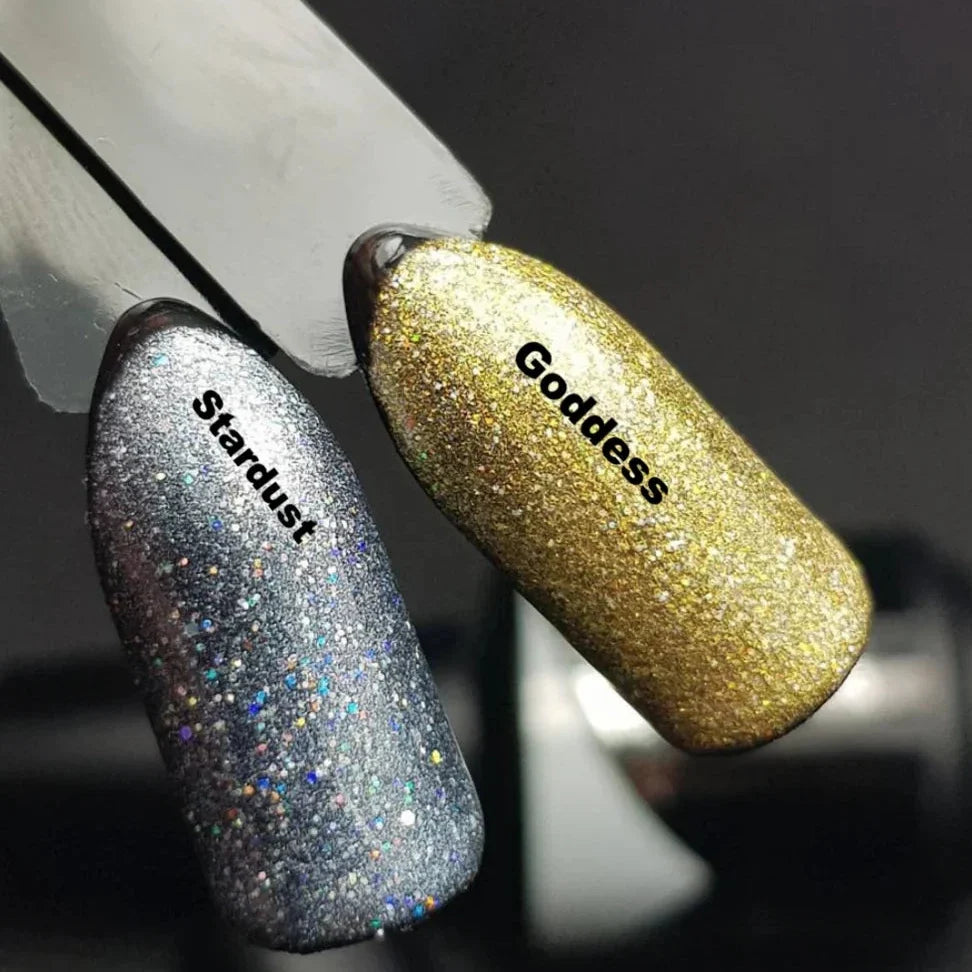Luxio Sparkles Goddess 15ml nail polish bottle with shimmering stardust glitter in a clear glass container.