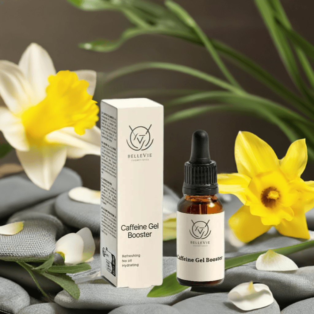 Belleviecosmetic caffeine booster gel in 20ml tube, showing clear gel with brightening and hydrating ingredients.