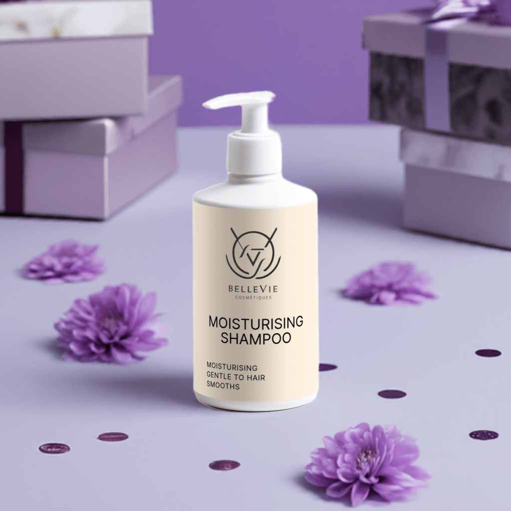Belleviecosmetic moisturizing shampoo bottle, 300ml, with gentle hydration formula for fresh, glossy hair.