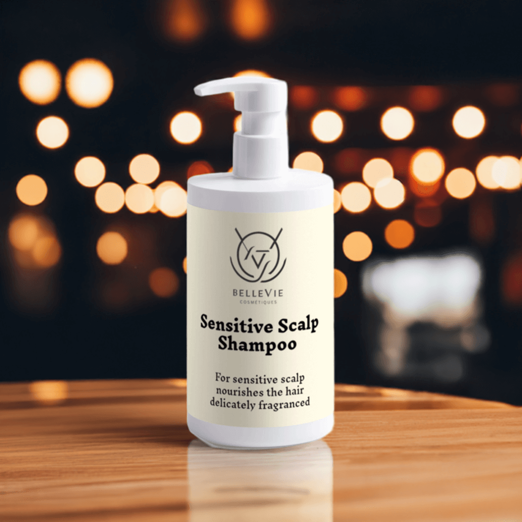 Belleviecosmetic sensitive scalp shampoo bottle, 400ml size, designed to soothe, cleanse, and nourish sensitive scalps naturally.