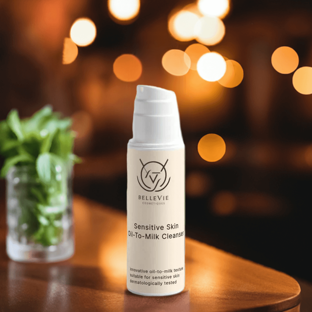 Belleviecosmetic Sensitive Skin Oil-To-Milk Cleanser in 150ml bottle, gentle makeup remover and hydrating facial cleanser.