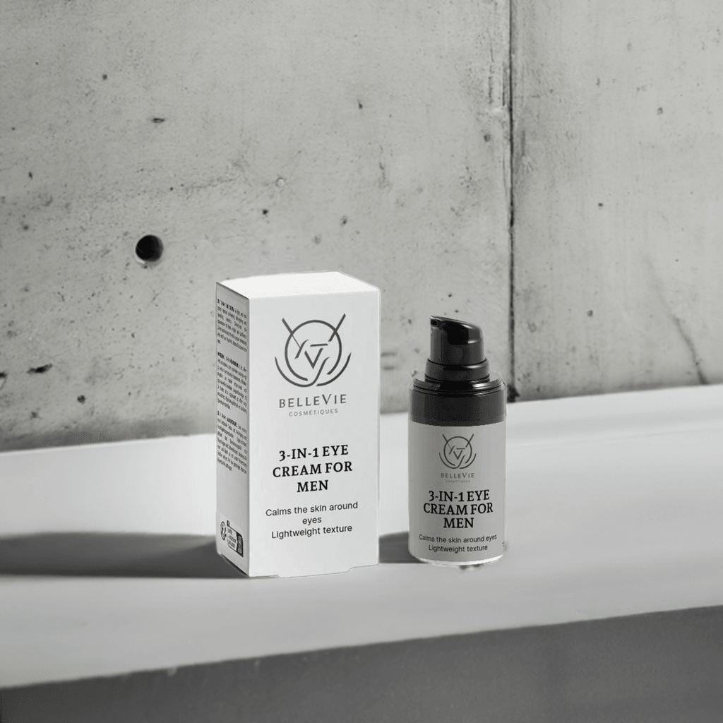 BelleVie Cosmétiques 3-in-1 Eye Cream for Men, 15ml, with hemp extract, shown in a sleek tube for hydration, brightening, and rejuvenation.