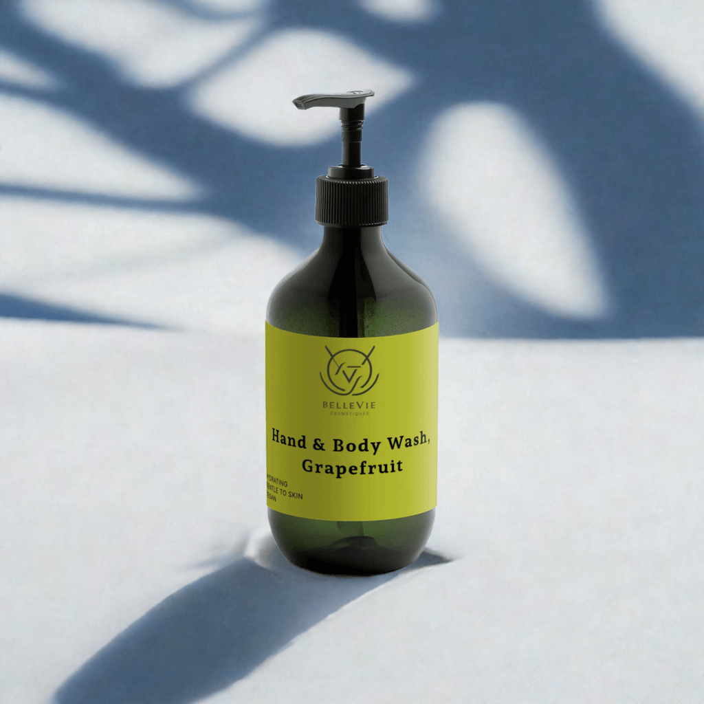 Belleviecosmetic grapefruit hand and body wash in 490ml bottle, natural energising cleanser with fresh citrus scent