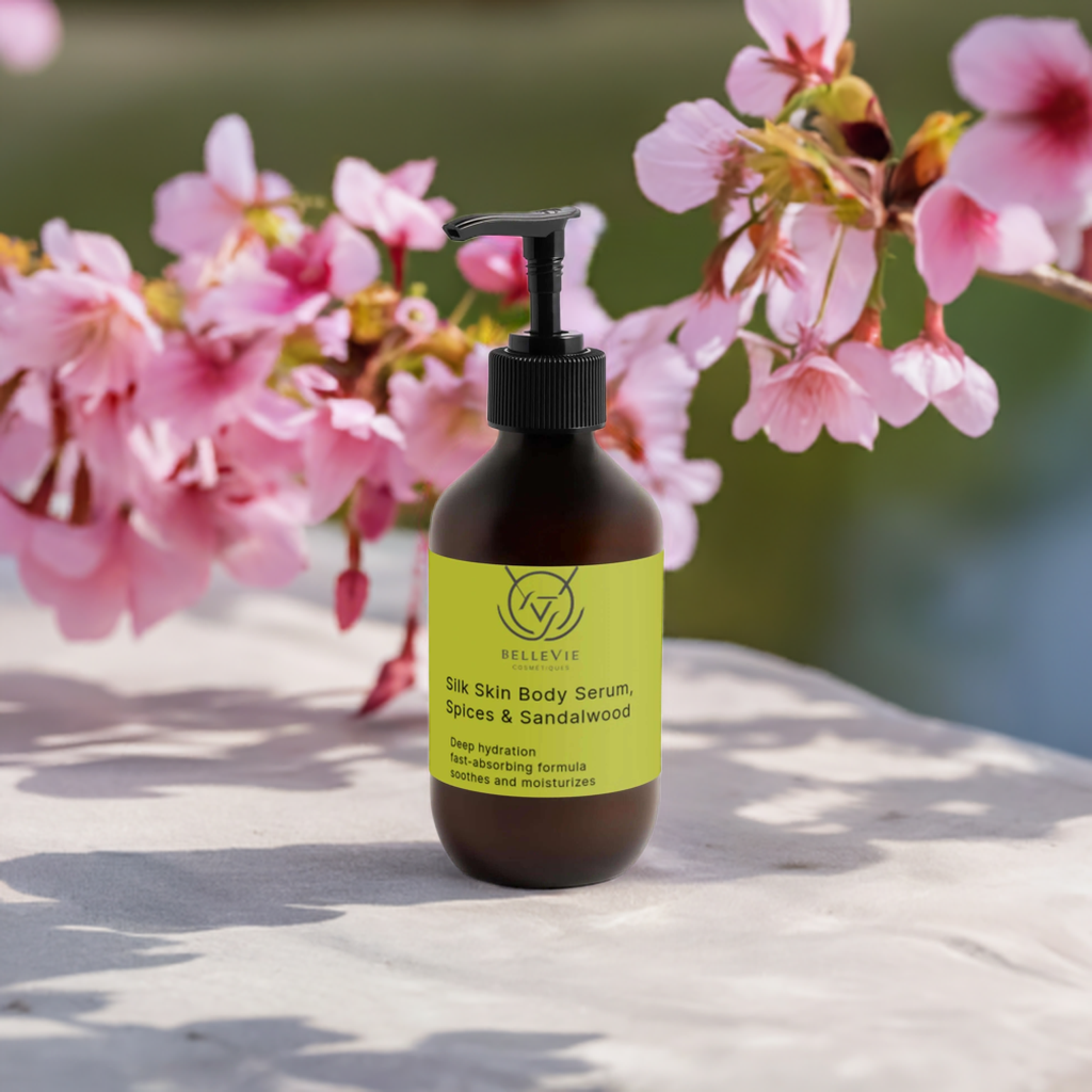 Silk Skin Body Serum by Belleviecosmetic in 270ml bottle, featuring a blend of spices and sandalwood for nourishing body care.