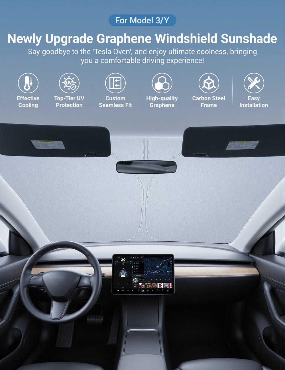 Graphene front windshield sunshade for Tesla Model 3 Highland and Model Y Juniper, provides sun protection and heat insulation.