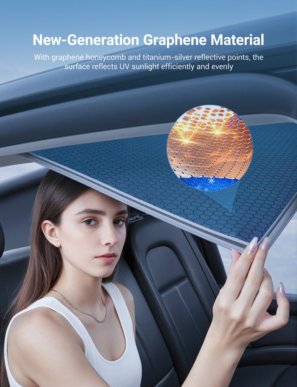 Graphene front windshield sunshade for Tesla Model 3 Highland and Model Y Juniper, providing UV protection and heat reduction.